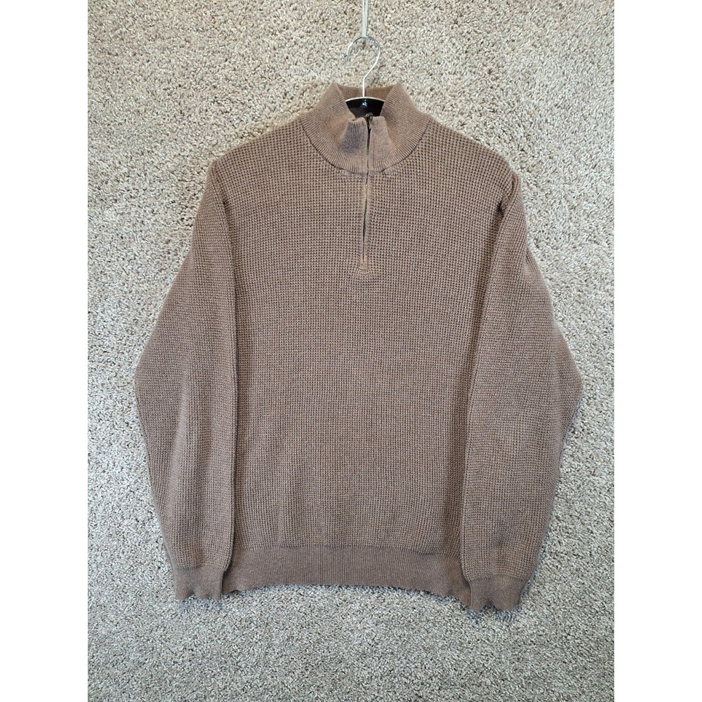 Daniel Bishop Sweater Mens L Brown Waffle Knit Ribbed Hem Quarter Zip Pullover